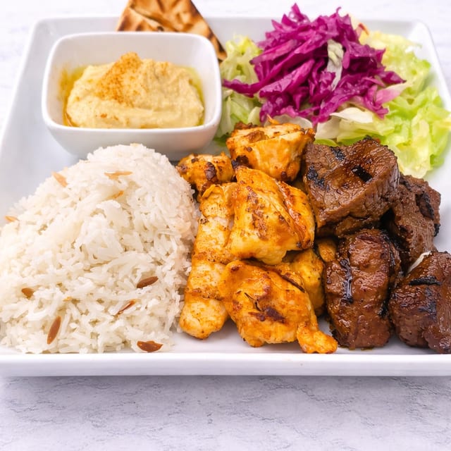 Combo Chicken and Beef Kebab Plate.