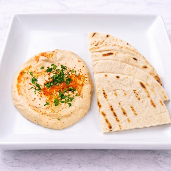 Creamy hummus topped with paprika and parsley, served with grilled pita bread on a white plate.